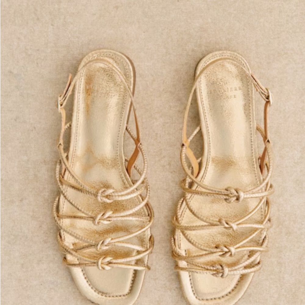 Gold open-toe Sezane sandals with a flat sole and intricate woven design;Size 38